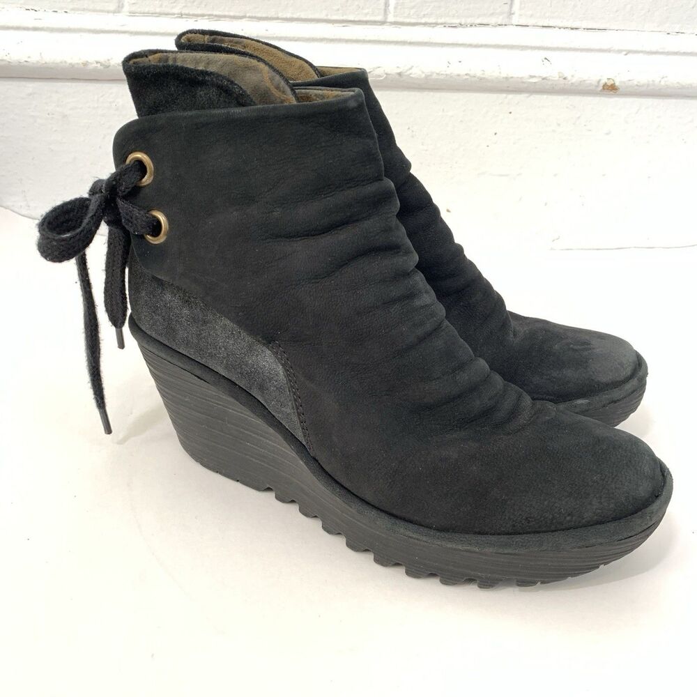 Fly London Yama Women's‎ 40 Shoes Bootie Black Suede Wedge Ankle Boots Lace